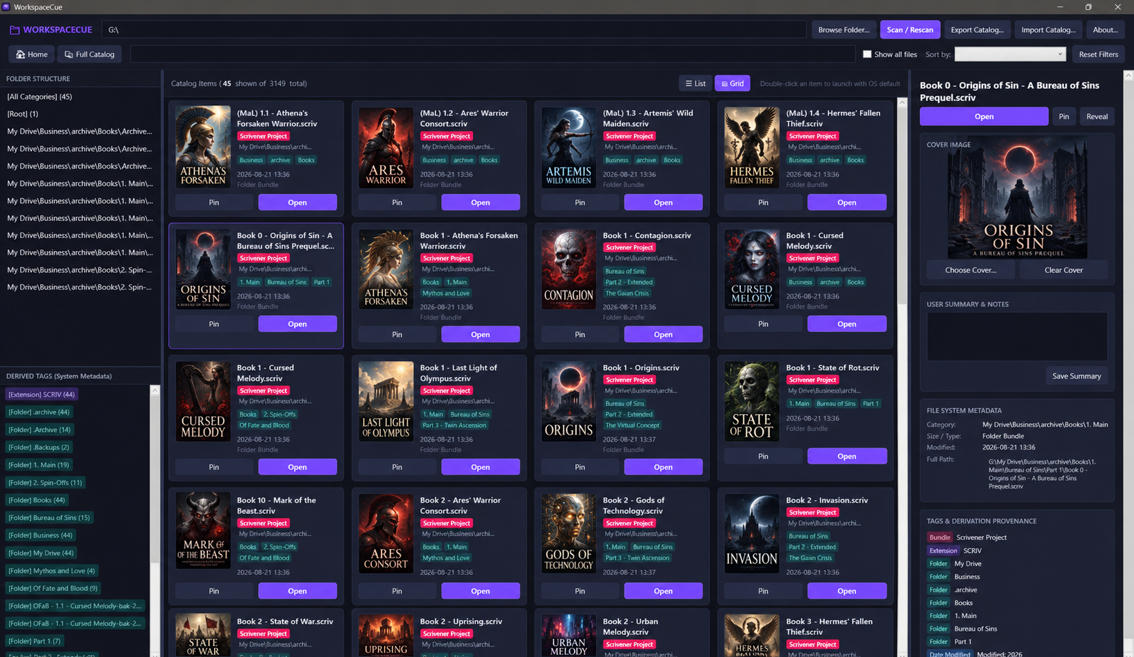 Earlier WorkspaceCue Grid view showing project cover cards, filters, and a details panel